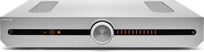 Amplificatore hi-fi stereo Roksan Attessa INT color argento, pannello frontale con pulsanti e display arancione, griglia sulla parte superiore