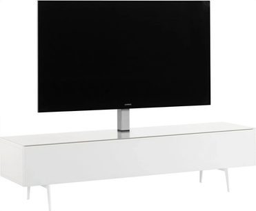 Móvel audiovisual Sonorous STA361 branco, gabinete retangular em MDF laqueado com tampo de vidro temperado, quatro pés finos combinando e suporte central para TV em metal cinza, vista frontal