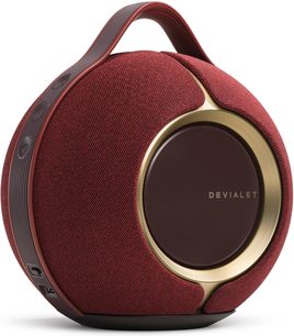 Портативна Bluetooth-колонка Devialet Mania, червона Opera de Paris, сферична, з сітчастою тканиною, золотистим кільцем, ручкою, кнопками та портом USB‑C