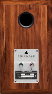 Triangle Titus EZ series bookshelf speaker, teak finish, rear view: brown wooden cabinet with a circular black bass-reflex port at the top and a silver metal plate with red and black binding posts