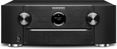 Marantz SR6013 sort hjemmebiografsforstærker, set forfra, børstet sort front med blå LCD-skærm, 2 drejeknopper og 3 knapper
