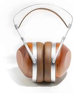 Sluchátka Hifiman HE-R10P uzavřená, stříbrný oblouk, světlé dřevěné šálky, béžové polstrování, pohled zepředu