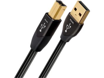 Du auksiniai USB jungtys, viena A tipo ir kita B tipo, prijungtos prie 3 metrų juodų Audioquest Pearl laidų galų
