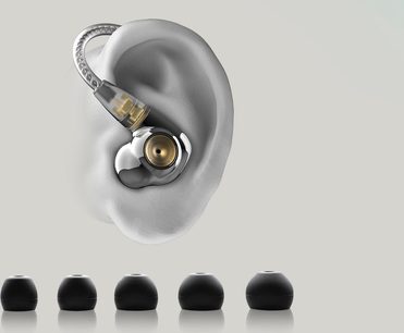 Meze Audio ADVAR åbne hi-fi-hovedtelefoner set fra siden, sølvfarvet transducer, sorte ørepuder, 5 ørepropper