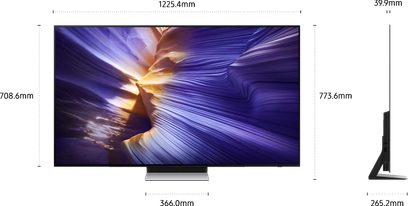 Samsung TQ55S90F -televisio, mattamusta, ultrakapea metallikehys, edestä ja oikeasta sivuprofiilista katsottuna, 55″ tasainen näyttö harjatun harmaalla suorakaiteen muotoisella keskijalustalla