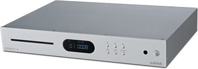 Lecteur CD haute-fidélité Audiolab 6000CDT argent avec façade rectangulaire, écran numérique central et boutons circulaires