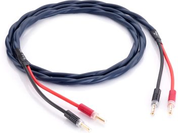 Kabel głośnikowy Inakustik Speaker 225 bananowy (2 x 3 m) w ciemnoniebieskiej plastikowej oplotce skręcanej, z odgałęzieniami czerwonym i czarnym oraz złotymi metalowymi wtykami bananowymi, widok z góry