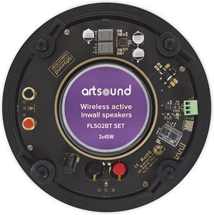 Einbaudeckenlautsprecher ArtSound FL502BT Rückansicht, rund, schwarz, violette Mitte, Anschlussklemmen und Platinen