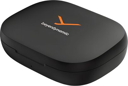 Mat sort plastikladeetui til Beyerdynamic Amiron 200 sport, orange X-logo, set i trekvartprofil