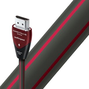 HDMI-kabel Audioquest Cherry Cola 48 Optical, forsølvet USB-stik, rød og sort kappe, nærbillede af enden