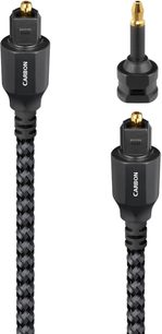 Altın kaplamalı Toslink ve mini-jak konektörlü, siyah örgülü Audioquest Carbon optik kablo, yakın plan görünüm