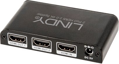 Rozdzielacz HDMI 1 na 2 Lindy 38220 czarny, widok z przodu, 3 porty HDMI żeńskie, 1 port DC 5V, białe logo i napis
