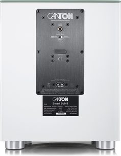 Caisson de grave Canton Smart Sub 8 blanc mat vue arrière avec panneau de connexions noir et pieds métalliques