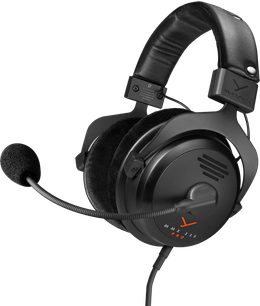 Gaming slušalke Beyerdynamic MMX 330 PRO, pogled s treh četrtin, oblazinjen naglavni trak, okrogle ušesne blazinice, prilagodljiv mikrofon