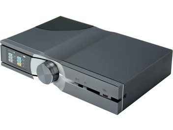 Harmaa Silent Power by iFi Audio OMNI USB -USB-audioerotin ja -suodatin, näyttö ja säätönuppi etupaneelissa, kolmen neljäsosan näkymä