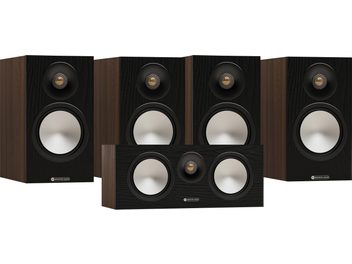 Pack 5.0 Monitor Audio Bronze 50 7G dió, négy fekete és fa színű hangszóró és egy középső egység ezüst wooferekkel