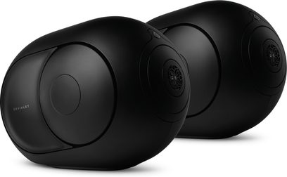 Tre trådløse Devialet Phantom I 103 DB æggeformede højttalere i mat sort, set forfra på hvid baggrund