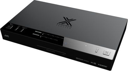 JVC XP-EXT1 sort Blu-ray-afspiller, set forfra, Exofield Theater-logo øverst til venstre, knapper og stik synlige