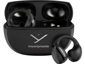 Auricolari Beyerdynamic Amiron Zero neri in plastica opaca, forma ad anello, custodia di ricarica aperta