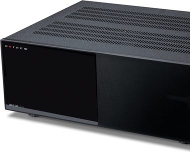 Anthem MCA 525 GEN 2 sort multikanal-effektforstærker, set forfra, sort perforeret gitter, LED-skærm, knapper