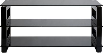 Ateca OPERA sort TV-møbel med 2 glashylder og sort metalramme, set forfra