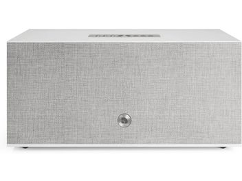 Hvit Audio Pro C20 W trådløs høyttaler med teksturert frontgitter, logo i midten og betjeningsknapper på toppen