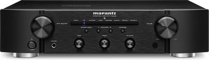 Amplificator hi-fi stereo Marantz PM6006 negru, panou frontal din aluminiu periat, butoane rotative, afișaj albastru, mufă pentru căști