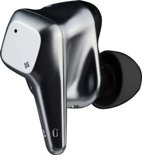 Écouteur intra-auriculaire sans-fil Hifiman Svanar Wireless argenté en métal lisse avec tige profilée, embout en silicone noir et orifice micro en façade, vue de trois quarts