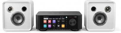 Hi-Fi-Kompaktanlage EverSolo PLAY + SE-100 mit schwarzem Verstärker mit Farbdisplay und zwei weißen Lautsprechern, Frontansicht