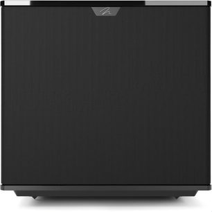 Subwoofer MartinLogan Grotto 15 v černém lesklém provedení, pohled zepředu s velkou přední mřížkou a vycentrovaným logem
