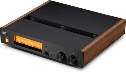 Preamplificador phono MoFi Electronics MasterPhono nogal, frontal negro con vúmetro naranja y dos grandes botones