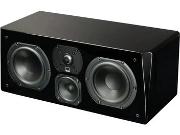 Diffusore centrale SVS Prime Center nero lucido, vista frontale, 3 altoparlanti circolari, cabinet rettangolare nero opaco
