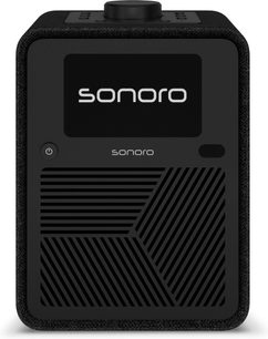 Sonoro Atron anthracite and black tabletop radio, front view with central display and geometric speaker grille