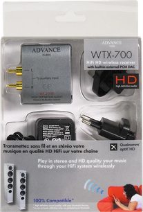 Trådløs sender Advance Paris WTX-700 med integreret PCM DAC-modtager, sort, forfra, med tilbehør