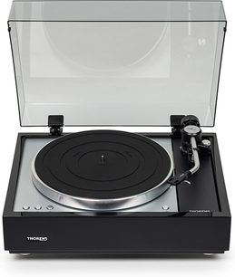 Thorens TD 1601 hi-fi turntable with TP 160, black, front view, transparent lid raised, black circular platter, silver tonearm