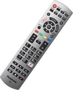 Panasonic TV-fjernbetjening med multifarvede knapper på metallisk grå baggrund, set forfra