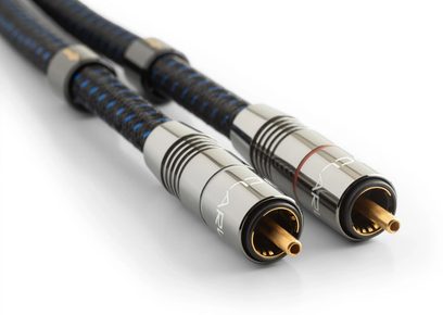 Analogowy kabel audio RCA Aqua RCA 1m z metalowymi srebrnymi złączami, pozłacanymi końcówkami i czarno-niebieskim plecionym oplotem