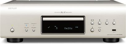 Denon DCD-2020AE sølvfarvet CD-afspiller, frontvisning, digitalt display, kontrolknapper, CD-bakke, børstet aluminiumsfinish