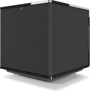 MartinLogan Grotto 12 subwoofer i sort højglans, set i trekvart vinkel med sort gitter og kantede linjer