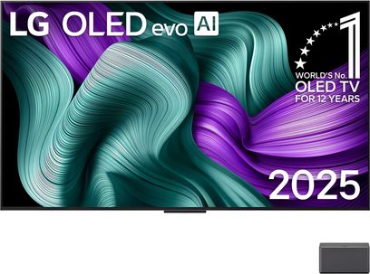 Stor LG OLED65M5 fladskærm, set forfra, sort metalchassis med ultratynde kanter, glas-skærm fra kant til kant med abstrakt violet og turkis mønster, lille separat grå rektangulær boks