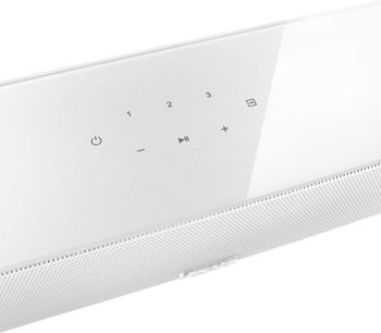 Soundbar Canton Smart Soundbar 10 v matně bílé barvě, pohled shora s dotykovým ovládáním a kovovou mřížkou