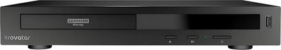Svart Krovatar KBU-300 4K Blu-ray-spelare, sedd framifrån, med skivsläde, knappar och USB-port på framsidan