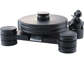 Transrotor Dark Star RB880 hi-fi vinyl turntable in matte black finish, three-quarter front view, featuring a thick grooved platter, tonearm mounted on a cylinder, and three massive cylindrical feet