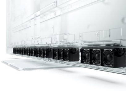 Televizor Panasonic TV-77Z93AEG s vysokým rozlišením, pohled zespodu, řada integrovaných černých reproduktorů ve spodní části
