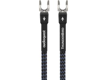 ThunderBird GroundGoody phono cable with silver metal connectors, black and blue braided sleeve, visible white inscriptions