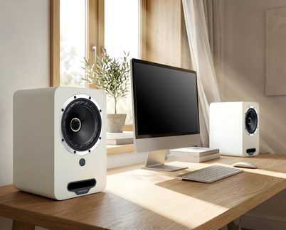 Paar witte Fyne Audio boekenplankspeakers op een houten bureau naast een computerscherm