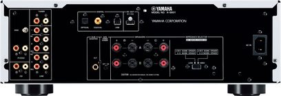 Yamaha A-S801 sort hi-fi stereforstærker, frontvisning, kontrolpanel med knapper, stik og digitalt display