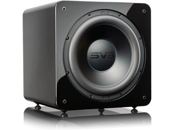 SVS SB-2000 Pro svart lakkert bassreflekskabinett, forfra, sylindrisk form, sentralt plassert høyttaler, metallgrill, gummiføtter