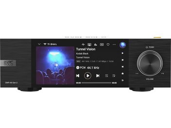 Nettverkslydavspiller EverSolo DMP-A6 Gen 2 med svart front, sentralt plassert skjerm som viser en musikkgrensesnitt, roterende knapp til høyre