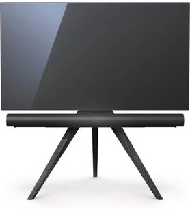 Spectral art AX TV-møbel, mat sort, X-formet fod, set forfra og fra siden, med fladskærm oven på